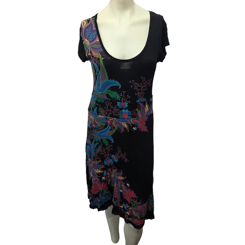 Desigual‎ Womens Black Floral Midi Dress Boho Paisley Viscose Short Sleeve M